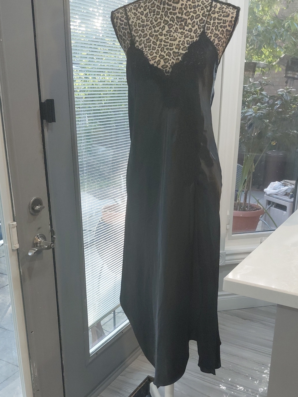 Black Satin Lace-Trim Slip Dress